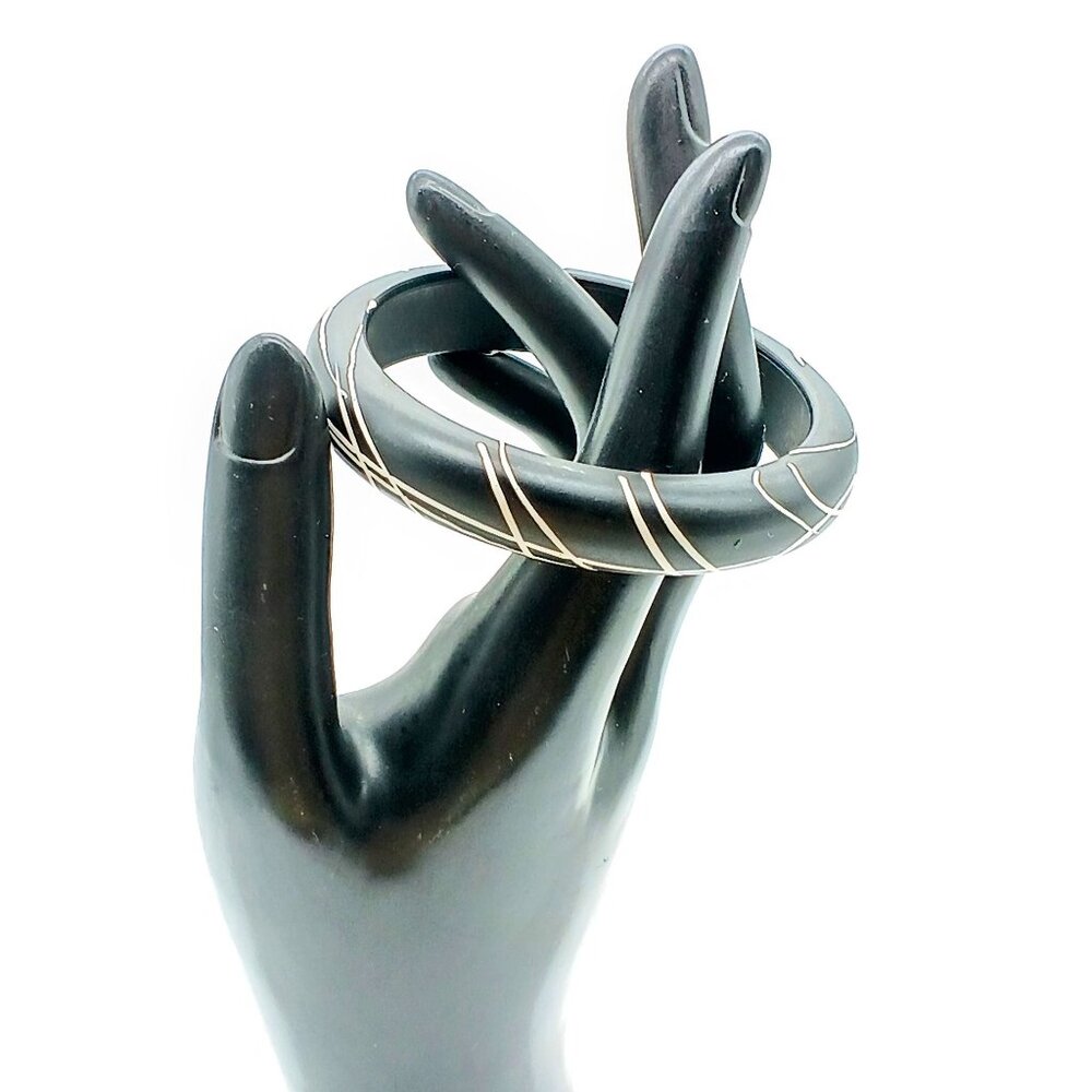 Splatter Paint Artsy Bangle Bracelet, Vintage Black Lightweight Wood with White